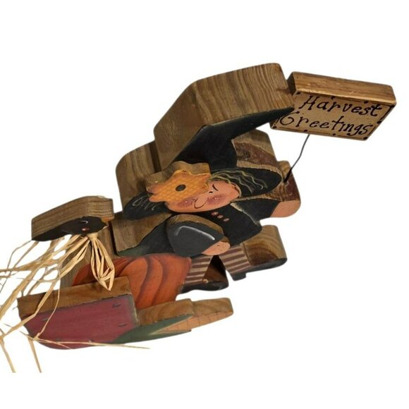VTG Harvest Greetings Witch Wood Sign Fall Autumn Folk Art Rustic Crazy Mountain - Picture 3 of 8
